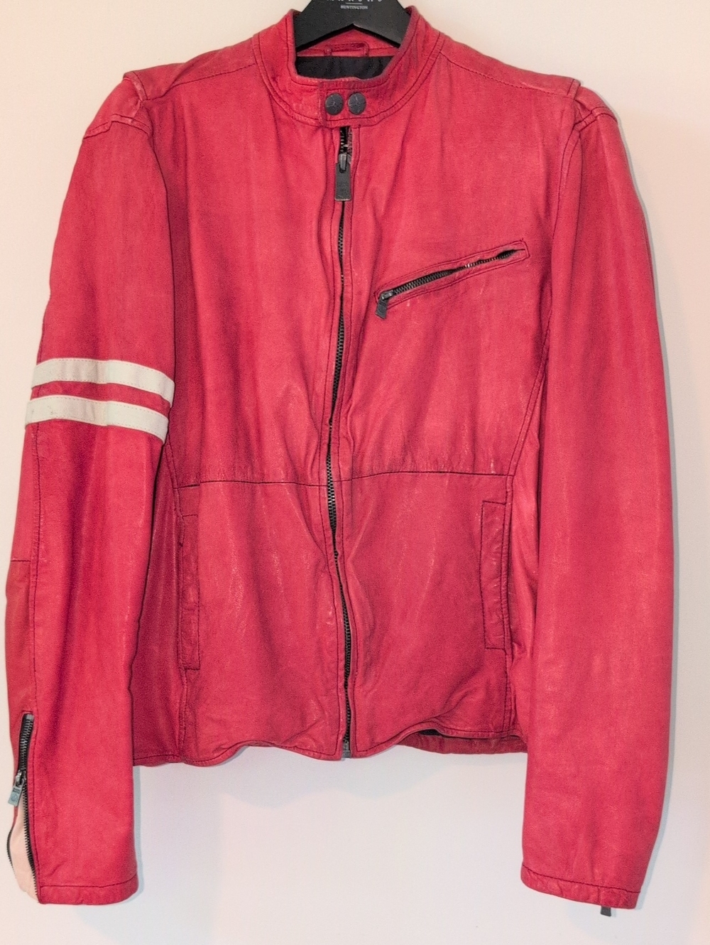 Red Leather Zip Front Moto Jacket with White Sleeve Stripes